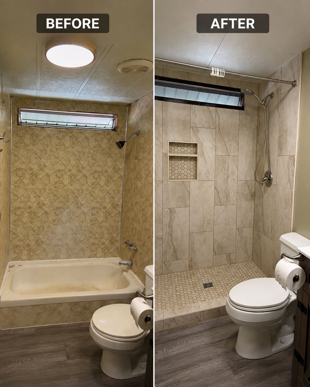 Before and after: old tub replaced with a tiled walk-in shower