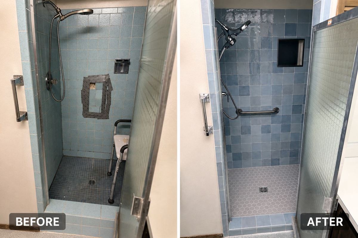 Before and after: shower rebuilt with blue tile
